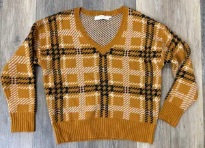 ASTR The Label Plaid Knit Sweater Mustard Brown V Neck Cropped Women’s Medium thumbnail 1
