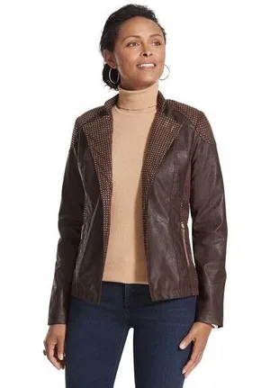 Chico's Chocolate Brown Open Front Faux Leather Lined Jacket Gold Studded Size 1 thumbnail 1