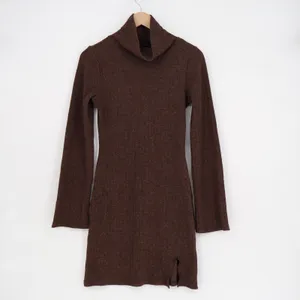 Gina Tricot Brown Turtleneck Ribbed Knit Mini Dress XS Long Bell Sleeve Slit thumbnail 2