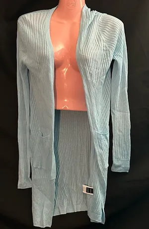 SHEIN Light Blue Ribbed Long Length Cardigan Pockets Lightweight thumbnail 1