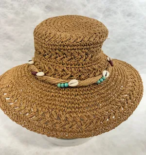 Panama Jack Women Brown Toyo Straw Sun Hat Cowrie Shell Bead‎ Tassel Vacation thumbnail 1