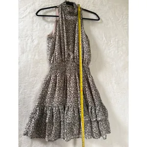 Olivia Grey Floral Smocked High Neck Mini Dress Tan Black Sleeveless‎ XS thumbnail 2
