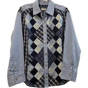 Free People Patchwork Argyle Plaid Oversized Blue Combo Chambray Shirt Small New thumbnail 4
