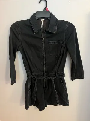 Free People Black‎ Denim Romper with Front Zip thumbnail 1