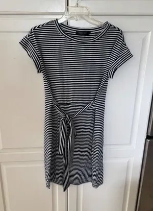 Merokeety Womens Striped Tie Waist Short Sleeve T-Shirt Dress Navy White Medium thumbnail 1