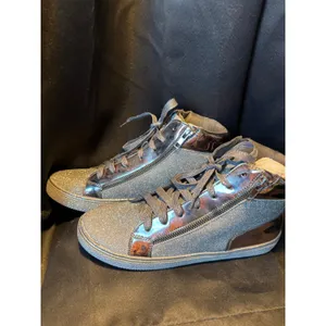Silver Glitter High Top Sneakers Metallic Patent Trim Double Zip Fashion Shoes‎ thumbnail 5