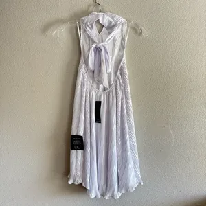 NEW Lulus Pretty Aura White Satin Plisse Mock Neck Mini Swing Summer Dress Sz XS thumbnail 13