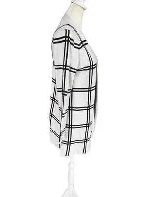 Loft Petite black and off white striped long sleeve open cardigan sweater MP thumbnail 3