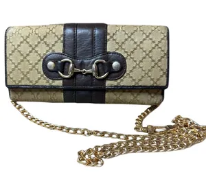 GUCCI Horsebit Diamante Brown Leather and Beige Canvas Bifold Wallet WOC thumbnail 1