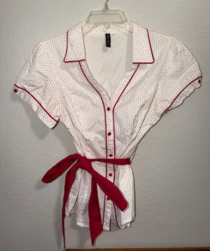 Vintage Polka Dot Shirt 50s 60s 70s 80s Diner Top with belt rockabilly dress up thumbnail 1