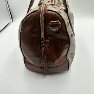 Fossil Rachel Satchel Bag Taupe Heart Print Pebbled Leather Brown Trim Handbag thumbnail 6