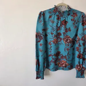 SheIn Blue Floral Blouse Top Smocked Ruched High Neck Boho Indie Gypsy Modest Medium thumbnail 5