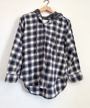 American Eagle Plaid Button Down With Hood Blue Size Small thumbnail 1