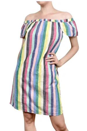 J. Crew Off-The-Shoulder Rainbow Stripe Mini Shift Dress. Size 14 thumbnail 1