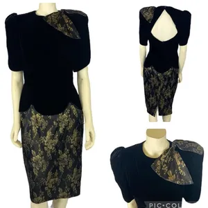 Vintage 1980s Scott McClintock Black Velvet Gold Brocade Dress Open Back S/M thumbnail 17