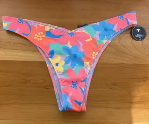 Hollister Floral Ribbed V-Front Cheekiest Bikini Bottom Size XL Pink Blue m thumbnail 1