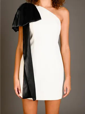 NWT Endless Rose One Shoulder Bow Tie Mini Dress Black/White M thumbnail 3