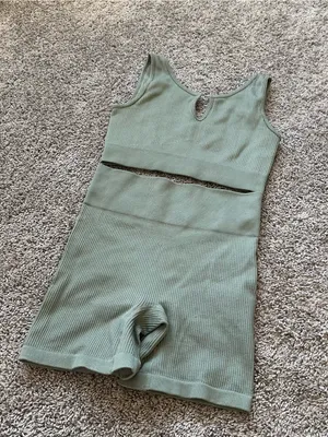 Ribbed High-Waist Athletic Shorts and Crop Tank in Sage Green thumbnail 2