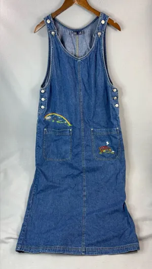 True Blue M Cottagecore Noah’s Arc Embroidered Overalls Denim Jumper Dress thumbnail 1