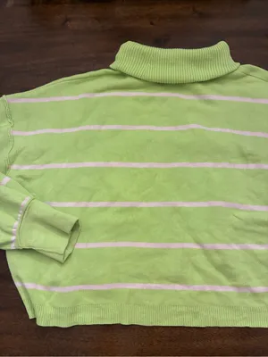 Free People Paulie Sweater Large Green White Striped Turtleneck thumbnail 5