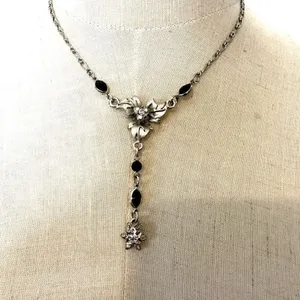 silver tone and black floral rhinestone pendant necklace thumbnail 10