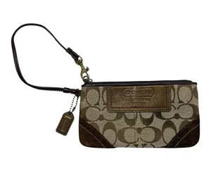 Tan Brown Coach Signature Wristlet Mini-Bag Pochette Purse Wallet thumbnail 2