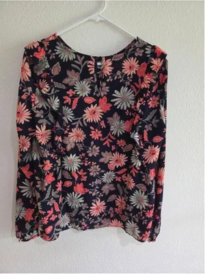 Nanette Lepore Women’s Large Floral Long Sleeve Blouse Navy Coral Rose Green thumbnail 2