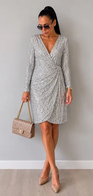 H&M Silver Sequin Wrap Dress thumbnail 1