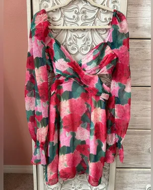 Louna multicolor floral, long puff sleeve, cutout waist mini dress romantic med. thumbnail 8