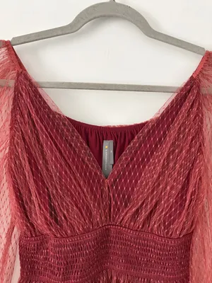 Anthropologie Tulle V Neck Blouse Bordeaux Red Sheer Smocked Peplum Top XS thumbnail 5