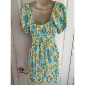 Billabong Floral Smocked Mini Dress Blue Yellow Crinkle Puff Sleeve XS thumbnail 2