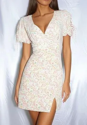 Kiss the Sky Pink/Green Puff Sleeve V-neck Mini Dress w/ Slit thumbnail 1