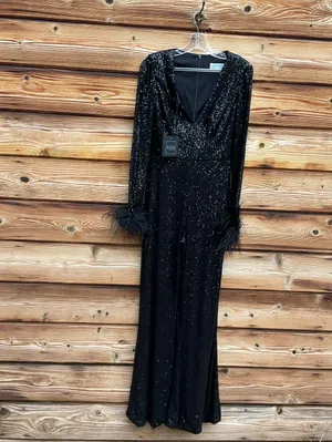 Mac Duggal Black XS Sequin Feather Trim Flare Leg V Neck Pants Jumpsuit thumbnail 4
