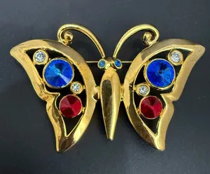 Vintage Regency Accessories Gold-tone Blue & Red Rhinestones Butterfly Brooch thumbnail 1