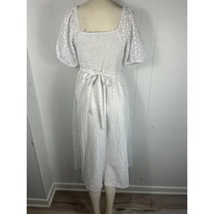 Kensie White Eyelet Midi Dress Smocked Feminine Romantic Puffy Sleeve Size 14 thumbnail 3