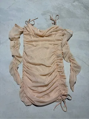 Oh Polly NWT Women's Ruched Tie-Strap Mesh Dress sand 8 thumbnail 1