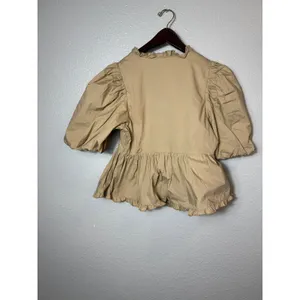 Endless Rose Puff Sleeve Peplum Top Tan Ruffle V-Neck Cotton Size S JJ1080T thumbnail 3