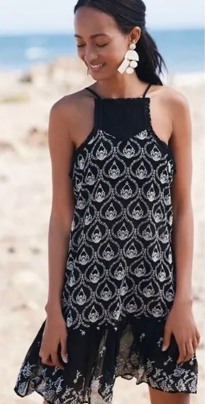 By Anthropologie Sheer Embroidered Mini Dress Black White Size Medium thumbnail 1