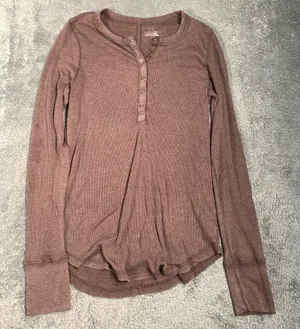 Aerie Brown Long Sleeve ribbed Henley Top medium thumbnail 1