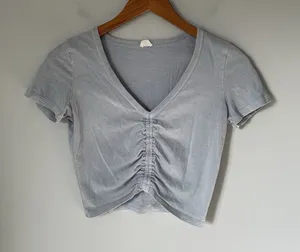 Wilfred Free Ruched Crop Top Tee Light Blue Cotton Boho Women's Size 2XS thumbnail 1