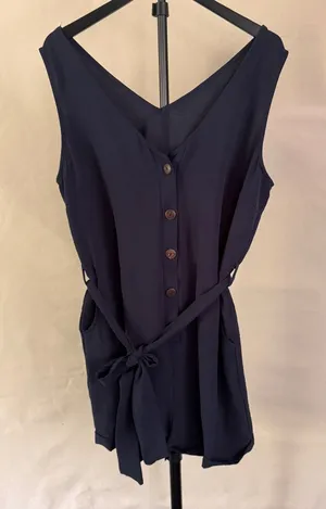 SHEIN XL Navy Blue Button Front Belted Romper Est MSRP $25 thumbnail 1