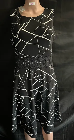 Owin Women’s Black & White Geometric Fit-&-Flare Dress Floral Lace Waist LG NWT thumbnail 1
