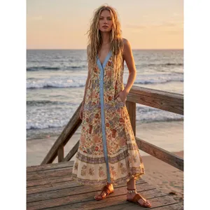Free People Retro 70s Bohemian Block Print Snap Front Kelso Maxi Dress Large thumbnail 2