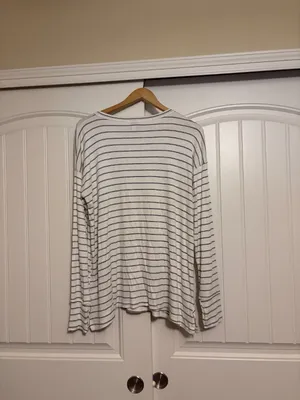 Peyton Jensen Henley Top Large White Striped Long Sleeve Rayon Blend Classic thumbnail 3