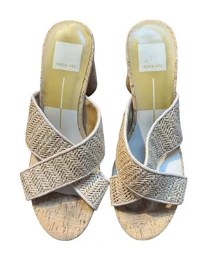 Dolce Vita Womens 7.5 Beige Woven Block Heel Slide Sandals Strappy Cork Heel thumbnail 1