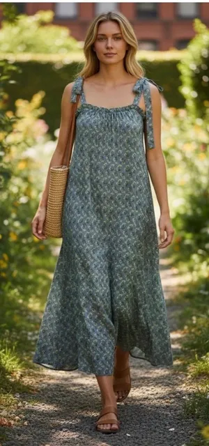 Boutique Ex Voto Iris Blue Tie-Shoulder Floral Maxi Dress XS/S NWT Boho Cotton Sundress thumbnail 1