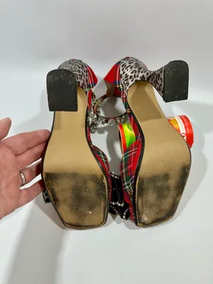 Betsey Johnson Guliana Red Plaid Black Bow Animal Print Heels Sz 8 Crystals Glam thumbnail 10
