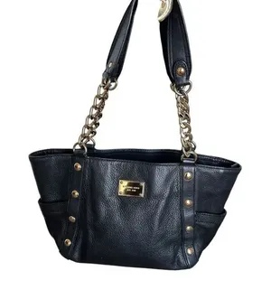 Michael Kors Delancy Shoulder Tote Bag Black Gold Pebbled Leather thumbnail 1