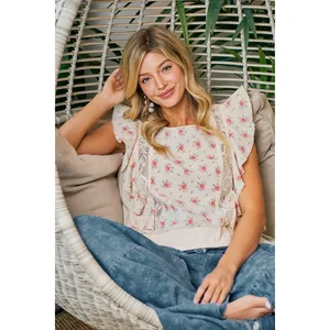 BiBi Flower Printed Ruffle Sleeve Trim Detail Top - Red Flower - Large thumbnail 10