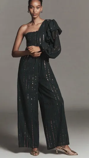 Farm Rio Anthropologie Green Metallic Striped One Shoulder Wide Leg Jumpsuit NEW thumbnail 1